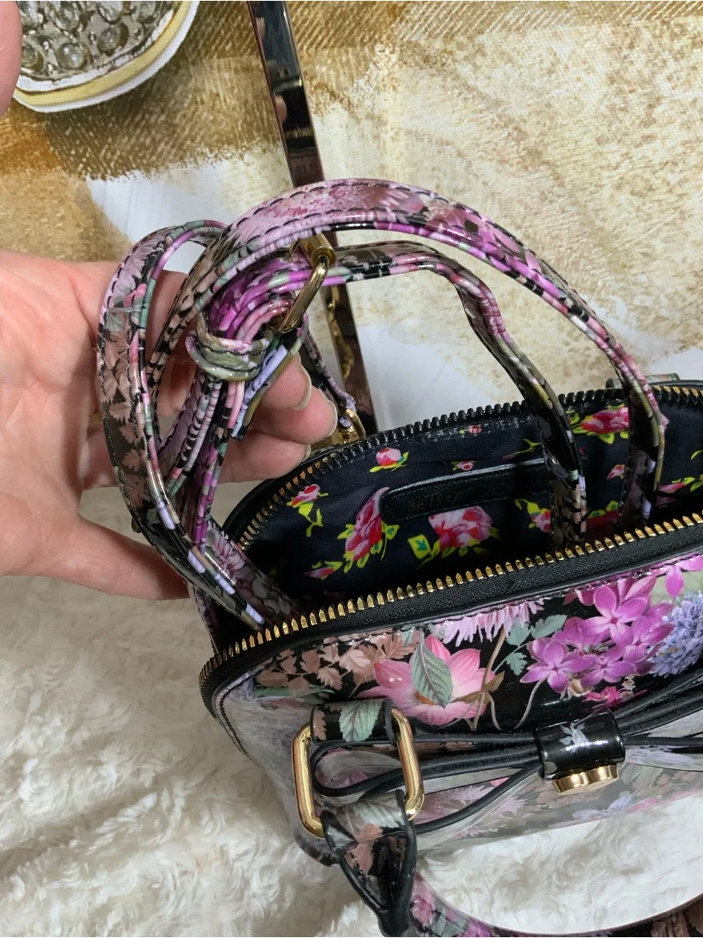 Betsey Johnson Black Floral Dome Satchel with Pink & Purple Flowers